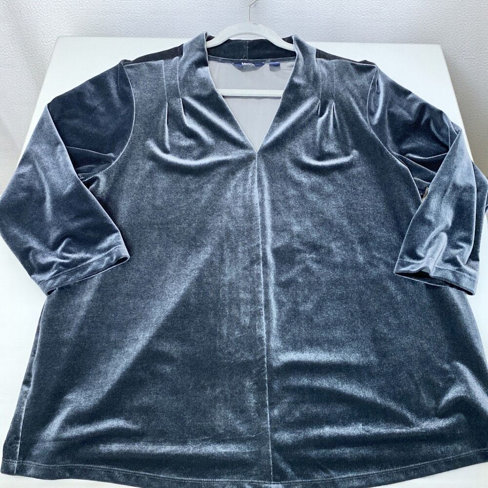 Lands End Women’s Gray Velour V-Neck Top 2X Soft Cozy Stretch Loungewear
